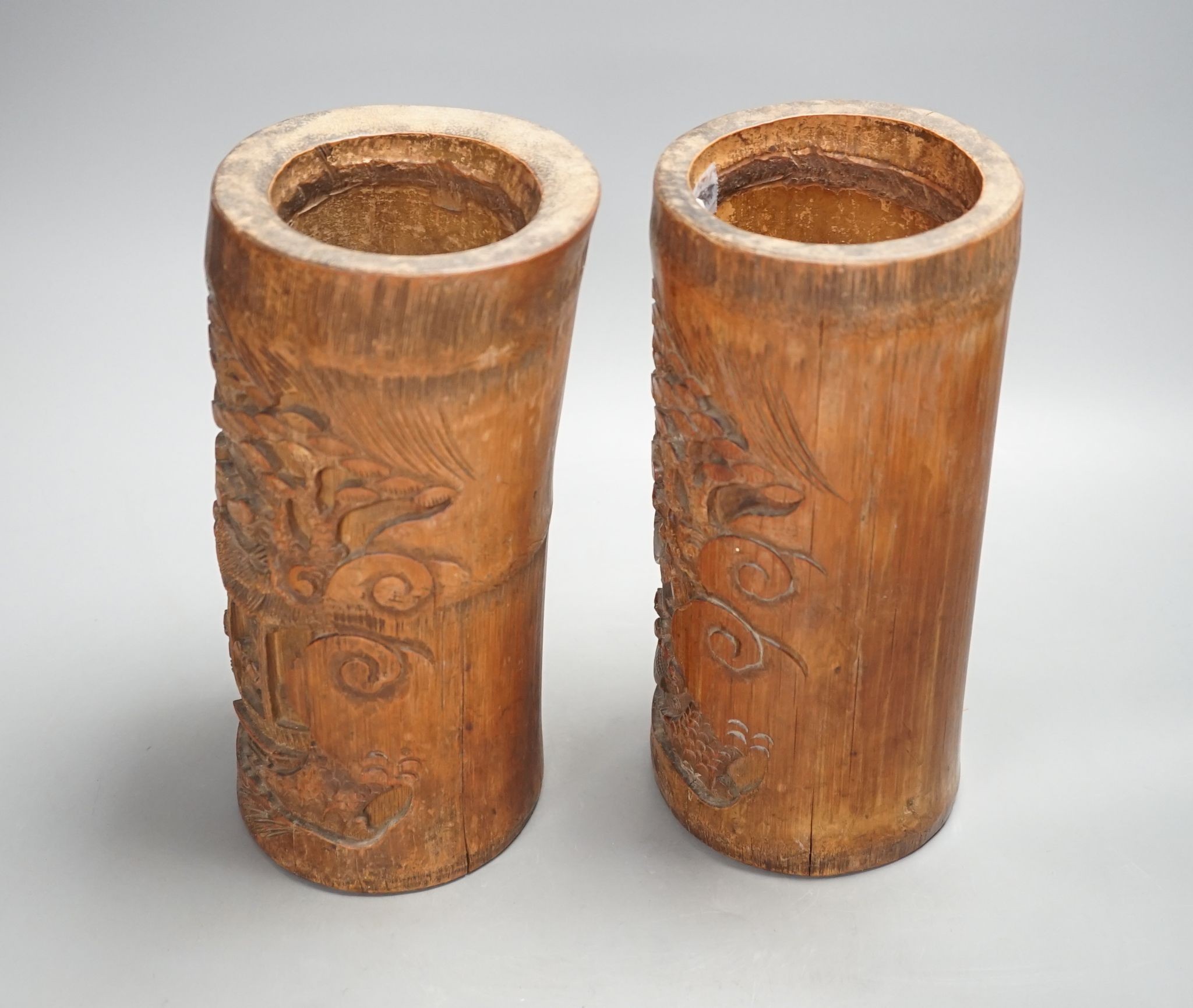 A pair of Chinese carved bamboo brush pots 25cm